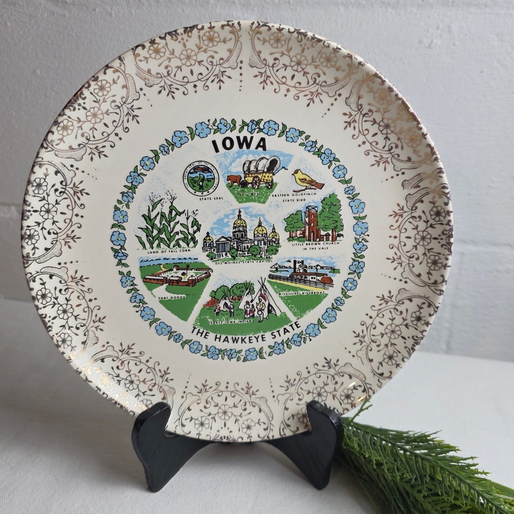 Vintage Iowa The Hawkeye State Souvenir Plate Gold Filigree Floral Border